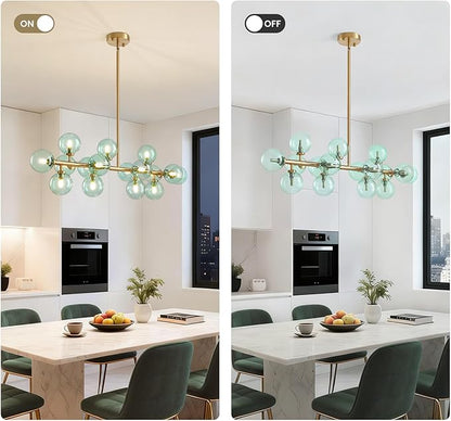 Mid Century Modern Gold Chandelier with Green Glass Rectangle Pendant Fixtures Linear Sputnik Chandeliers for Kitchen Island Dining Room Over Table