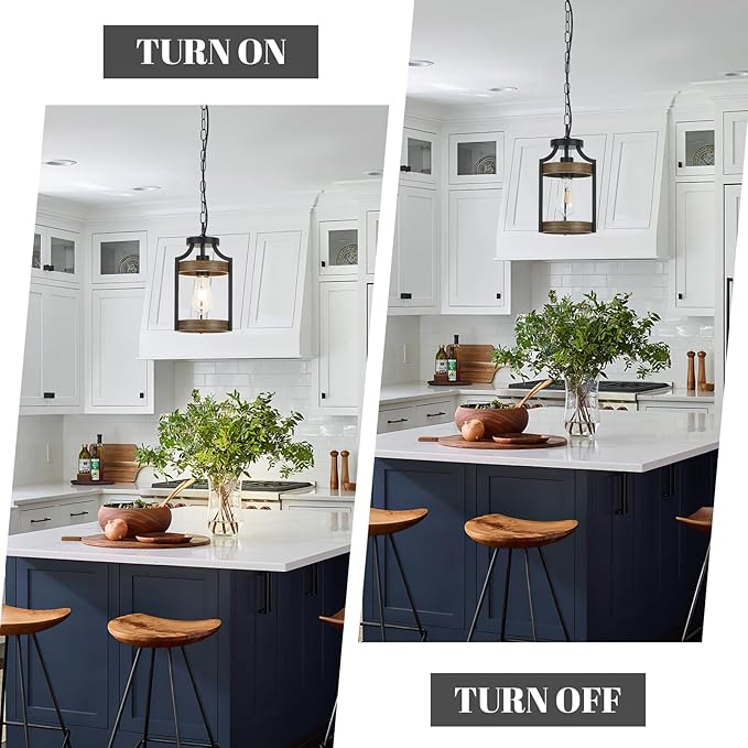 Farmhouse Pendant Light, Rustic Wood Metal Light Fixtures with Adjustable Hanging Chain, Small Pendant Lighting for Kitchen Island, Dining Room, Entryway, Cafe & Bar, 3 Pack