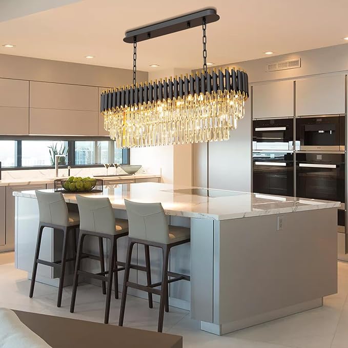 40" 10-Light Modern Black Gold Crystal Chandelier, Luxury Rectangular Raindrop Pendant Light Fixture for Dining Room, Kitchen Island, Living Room, Farmhouse Ceiling Lighting