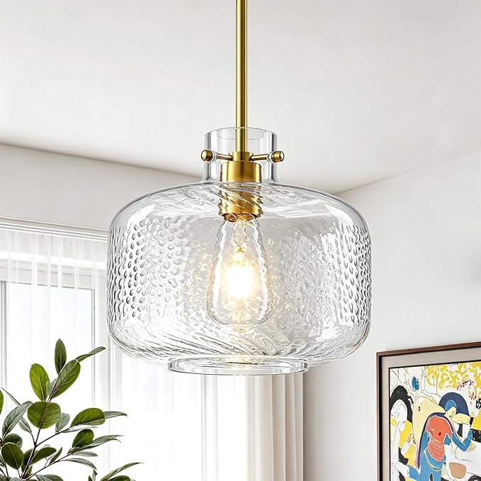 WILON Glass Pendant Lights Kitchen Island, 9.84'' Brass Gold Pendant Lighting Fixtures, Modern Hanging Ceiling Light with Clear Hammered Glass Shade for Farmhouse Dining Room Bedroom Hallway(Brass)