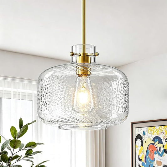 WILON Glass Pendant Lights Kitchen Island, 9.84'' Brass Gold Pendant Lighting Fixtures, Modern Hanging Ceiling Light with Clear Hammered Glass Shade for Farmhouse Dining Room Bedroom Hallway(Brass)