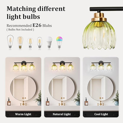 TALOYA Bathroom Vanity Light Fixtures, 3-Light Modern Black and Gold Wall Lights Over Mirror with Gradient Green Tulip Glass Shades Bathroom Wall Lamp for Mirror, Living Room,Hallway, Cabinet Porch
