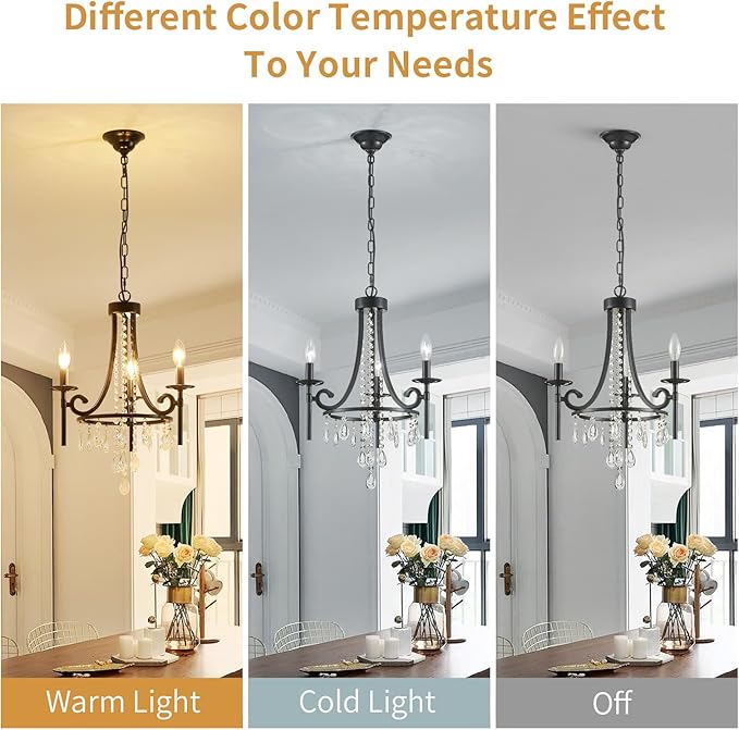 Small Crystal Chandelier, 3-Lights Modern Black Chandeliers for Dinning Room, Wagon Wheel Black Chandelier, Farmhouse Hanging Pendant Light Fixture for Bedroom Hallway Entryway Bar Kitchen Bathroom
