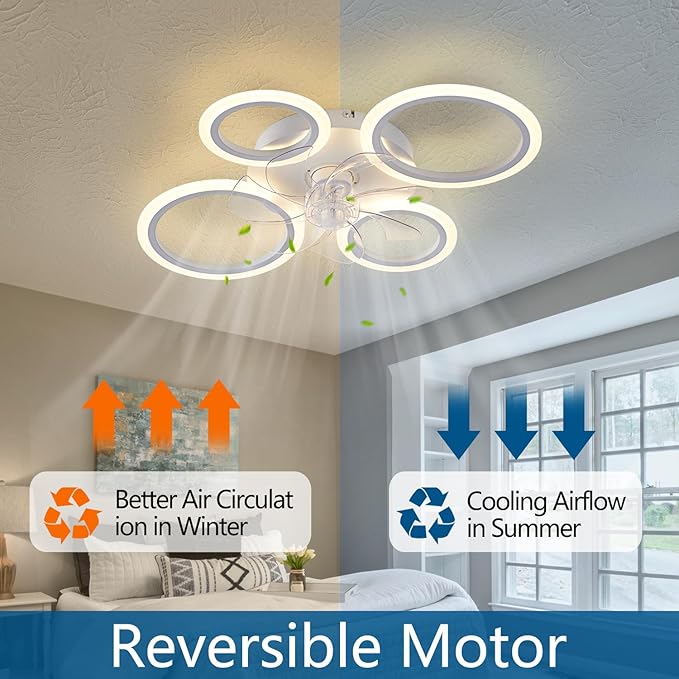 26" White Geometric Circular Ceiling Fan with Lights Remote Control, 3 Colors 6 Speeds Low Profile Ceiling Fan with Light for Kitchen Bedroom