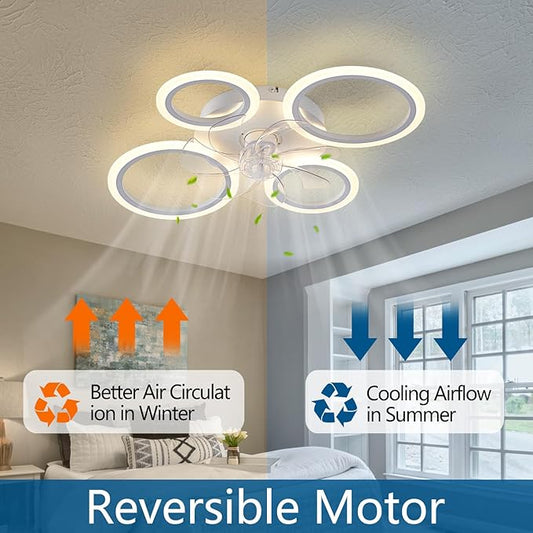 26" White Geometric Circular Ceiling Fan with Lights Remote Control, 3 Colors 6 Speeds Low Profile Ceiling Fan with Light for Kitchen Bedroom