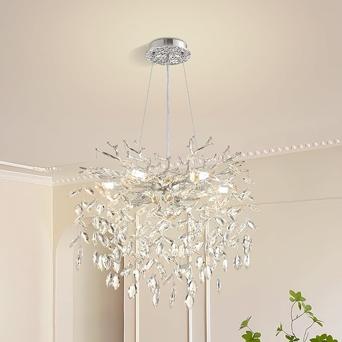 Modern Tree Branch Crystal Chandelier 18" Sliver Luxury Large Pendant Lighting 6-Light Contemporary K9 Crystal Chandeliers for Dining Room Kitchen Living Room Foyer Entryway (Sliver, D18"-Round)