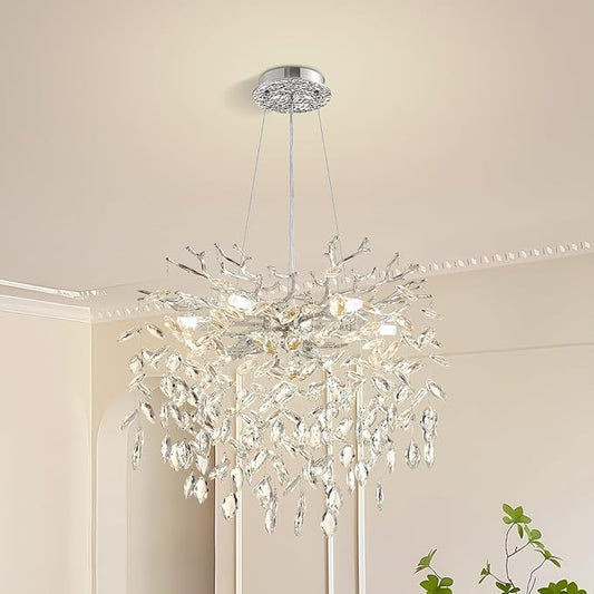 Modern Tree Branch Crystal Chandelier 18" Sliver Luxury Large Pendant Lighting 6-Light Contemporary K9 Crystal Chandeliers for Dining Room Kitchen Living Room Foyer Entryway (Sliver, D18"-Round)