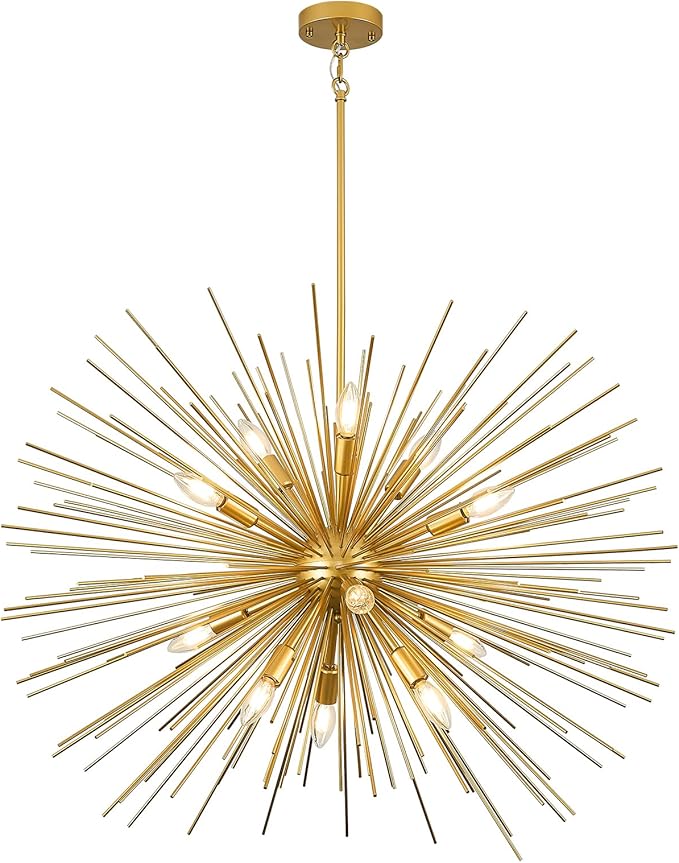 35in Gold Sputnik Chandelier 12-Light Starburst Chandelier Light Fixture Solid Metal Mid-Century Modern Satellite Light Fixture for High Ceiling Living Room Dining Room Foyer, E12