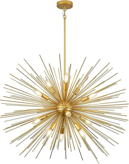 35in Gold Sputnik Chandelier 12-Light Starburst Chandelier Light Fixture Solid Metal Mid-Century Modern Satellite Light Fixture for High Ceiling Living Room Dining Room Foyer, E12