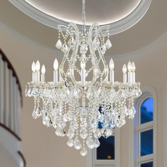 Large Silver Modern Crystal Chandelier Light Fixtures - 12 Lights Maria Theresa Crystal Pendant Light for Staircase Hallway Living Room Entryway Foyer - 28.4 x 28.4 x 35.8 Inch