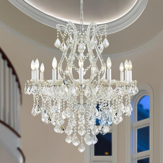 Large Silver Modern Crystal Chandelier Light Fixtures - 12 Lights Maria Theresa Crystal Pendant Light for Staircase Hallway Living Room Entryway Foyer - 28.4 x 28.4 x 35.8 Inch