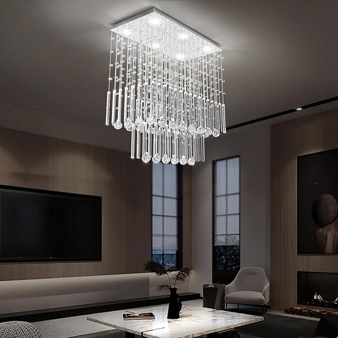 Flashing God D24''XH28'' Rectangular Crystal Chandelier SilverRectangle Pendant Ceiling Light Fixture Raindrop Chandelier for Dining Room Living Room Kitchen Island Bar