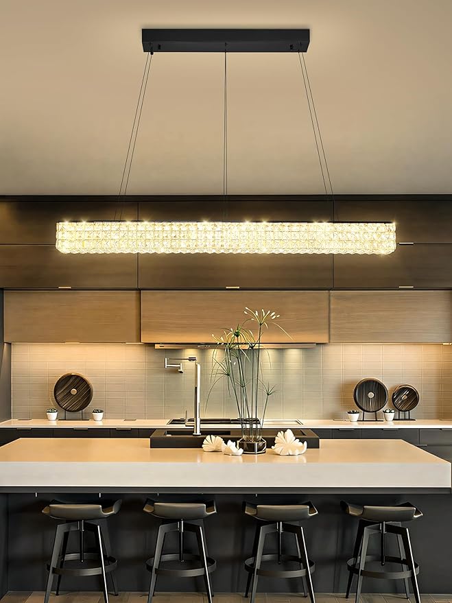 ykolupty 48inch Black Linear Crystal Chandelier, Modern Rectangular Crystal LED Pendant Light,Linear Crystal Chandelier for Dining Room Kitchen Island Living Room