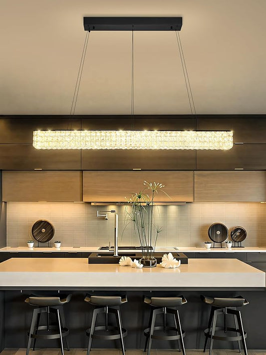 ykolupty 48inch Black Linear Crystal Chandelier, Modern Rectangular Crystal LED Pendant Light,Linear Crystal Chandelier for Dining Room Kitchen Island Living Room
