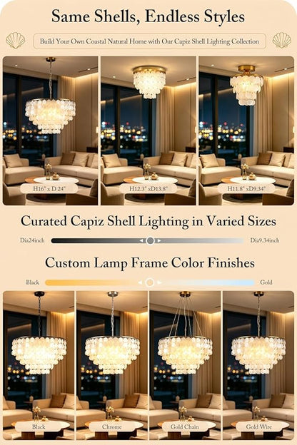 5 Tier Shell Capiz Chandelier, H16'' x D24'' Natural Shell Hanging Ceiling Light Fixtures Seashell Coastal Chandeliers for Living Room(More Additional Shell Parts Included) Gold