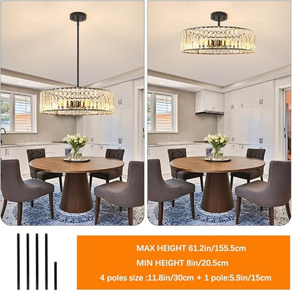 Modern Crystal Chandelier, 6-light Dinning Room Light Fixture, Round Pendant Light Kitchen Island, Black Hallway Light Fixture, Semi Flush Mount Ceiling for Living Room Entryway Bedroom Foyer, E26