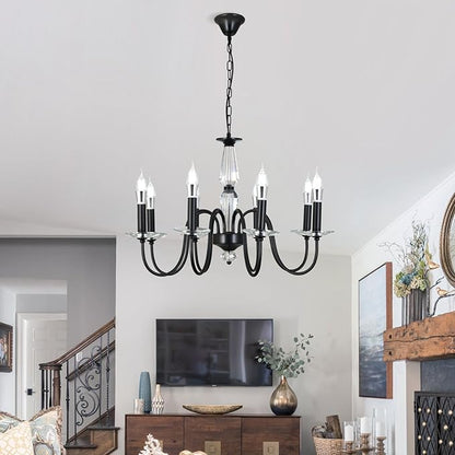 Black Chandelier, 8-Light Farmhouse Candle Chandelier for Living Room, Rustic Industrial Pendant Chandeliers for Dining Room, Vintage Crystal Hanging Light fixture for Hallway Kitchen Foyer E12