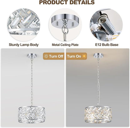 Chrome Crystal Chandelier, 3-Light Morden Dining Room Light Fixture,12.4" Small Round Semi Flush Mount Chandeliers for Kitchen Foryer Entryway Hallway Living Room Bedroom (ETL Listed)