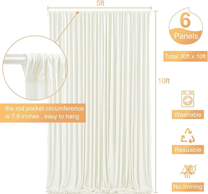30ft x 10ft Ivory Backdrop Curtain for Wedding Ivory Wrinkle Free Backdrop Drapes Panels for Parties Baby Shower Bridal Shower Birthday Photo Photography Polyester Fabric Background Decoration