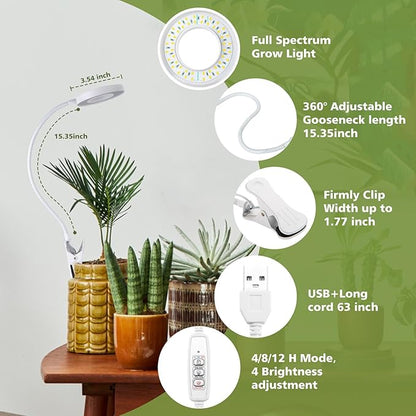 LORDEM Grow Light,Full Spectrum Pot Clip LED Plant Growth Light with Auto On/Off Timer 4/8/12H,Plant Lamp with 360°Rotatable Gooseneck, 4 Dimmable Brightness, Ideal for Small Indoor Plants, 2 Pack