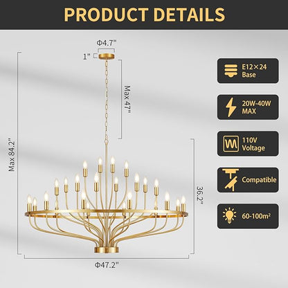 47.2" Modern Large Gold Chandelier Vintage 24-Lights Mid Century Modern Candle Style Chandeliers Light Fixture Vintage Rustic Golden Chandelier for Dining Room, Kitchen, Living Room, E12