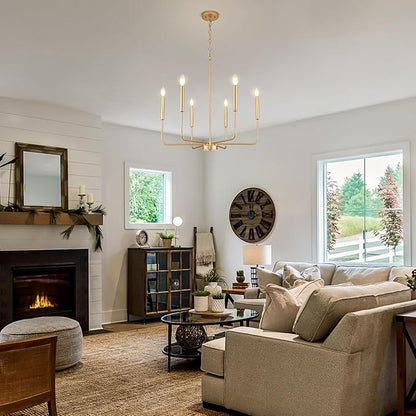 Modern Gold Chandelier for Dining Room,Metal 6-Light Kitchen Light Fixtures,Farmhouse Candle Hanging Pendant Light for Living Room Entryway Foyer Bedroom (Bulb Not Included)