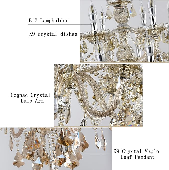 Luxury Cognac Crystal Chandelier 18 Lights,Contemporary K9 Crystal Ceiling Chandelier Lighting Fixture Candle Style E12 Base for Dinning Living Room Bedroom Hallway (18 Lights)