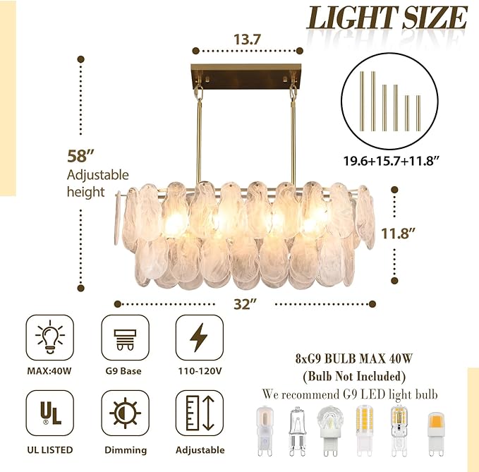 Gold Crystal Chandelier Rectangular Pendant Lighting 8-Light Crystal Chandeliers for Kitchen Island Cloud Glass 2-Tier Light Fixture for Dining Room, Living Room, Kitchen