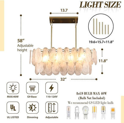 Gold Crystal Chandelier Rectangular Pendant Lighting 8-Light Crystal Chandeliers for Kitchen Island Cloud Glass 2-Tier Light Fixture for Dining Room, Living Room, Kitchen