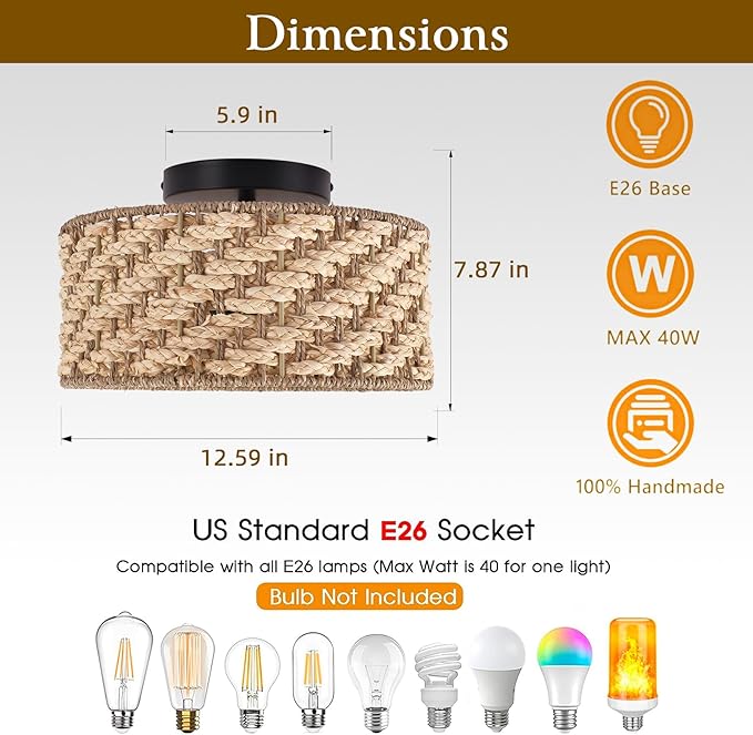12.6-inch semi-Flush Mount Ceiling Light Fixture - 3-Light Pure Hand-Woven lamp for Dining Room