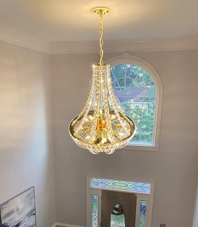 Luxury Large Empire Chandelier High Ceiling Crystal Chandeliers for Foyer Gold Light Fixture for Staircase Living Room E12 Bulbs Required