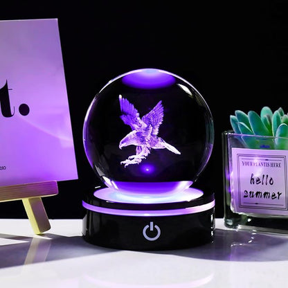 YWHL 3D Eagle Figurine Crystal Ball with Colorful Light Base, Eagle Gifts for Women Men Eagle Lovers on Christmas Birthday, 3D Laser Engraved Eagle Sphere Glass Ball for Home Office Decoration (80mm)