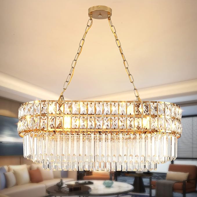 Modern Crystal Chandelier Gold Finish Light Fixture, Oval Crystal Pendant Light Hanging Lamp, for Living Room, Dining Room, Restaurant, E12 x 8, 29.5 x 13 inch