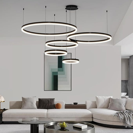 Mikeru Modern 5 Ring Chandelier Light, LED Pendant Light Fixtures with Remote Control 3000k-6500K Adjustable Color Temperature Light for Living Room, Kitchen (11.8+15.7+23.6+31.5+39.5in)
