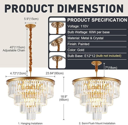 4-Tiers 23.6" Gold Crystal Chandelier Modern 12-Light Contemporary Crystal Pendant Chandeliers Light Fixture Hanging Lighting for Dinning Room Entryway Bedroom Foyer High Ceiling
