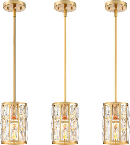 MEXO Modern Crystal Pendant Light Fixture 3-Pack Gold Finish Hanging Lighting Crystal Chandelier for Kitchen Island