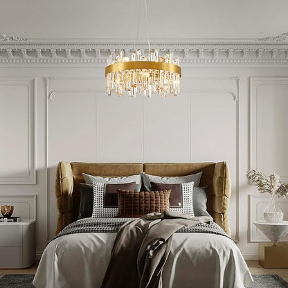 Saint Mossi 20" Dimmable Modern LED Crystal Chandelier, Luxury Round Lingting Fixture with Crystal Strips, Gold Metal Frame, 8-Light E12 Fixture for Dining Room, Living Room (D20 x H20)