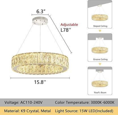 Modern Crystal Chandelier 15W LED Dimmable Lighting Fixture Adjustable Round Pendant Light for Dining Room Living Room Kitchen Bedroom Silver