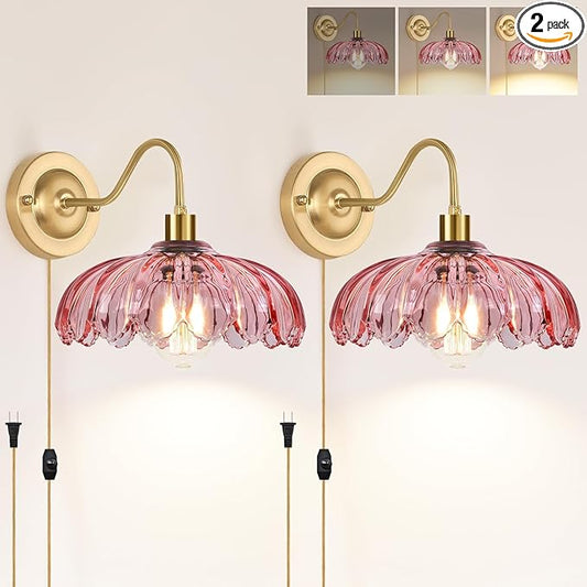 ZECOXOL Vintage Plug in Wall Sconces Set of Two, Glass Wall Sconces Lamps with Flower Lampshade & Dimmable Plug in Cord, Dimmable Sconces Wall Decor Set of 2 Plug in Wall Lights Sconces for Bedroom