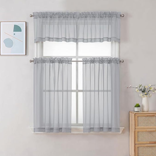Gwine Light Grey Sheer Curtains 30 Inch Length, Short Light Filtering Voile Small Cafe Kitchen Curtains with Rod Pocket, Short Curtain for Bathroom Window, 42x30 Inch, 2PCS