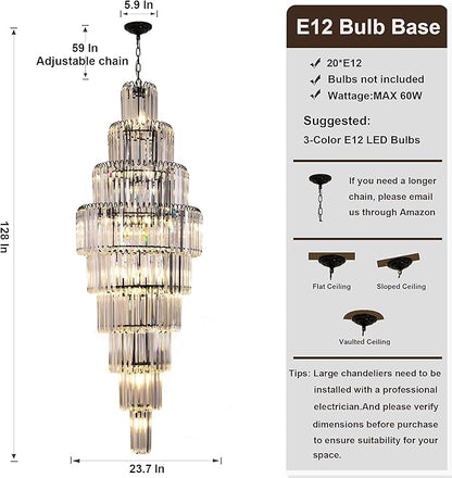 Modern Black Crystal Staircase Chandelier 9-Tier Large Foyer Chandelier for High Ceiling, Long Entryway Chandeliers Adjustable Chain for Entrance Hall Living Room Dia 23.7" x H 69" 20 Lights