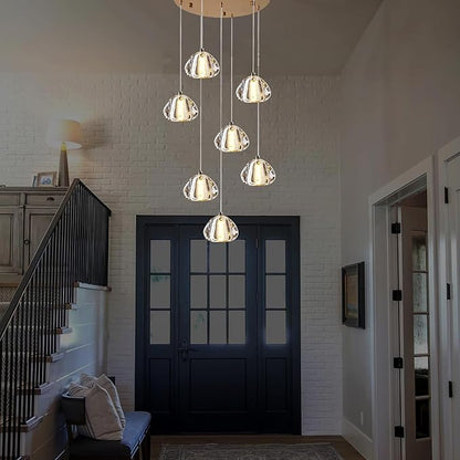 Modern Crystal Foyer Chandelier Entryway 7-Lights Gold, Raindrop Bubble Sphere LED Lighting Fixture for Staircase Living Room