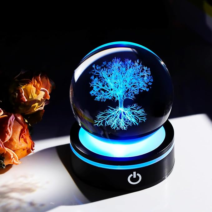 YWHL 3D Crystal Tree of Life Figurines Ball with Colorful Light Base, Laser Engraved Tree of Life Sphere Gifts for Women Men on Birthday, Glass Art Collection for Home Decor(80mm)