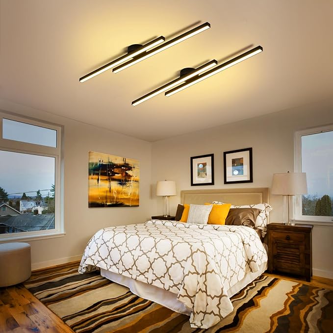 Black Modern LED Ceiling Light Fixtures with Remote 3000K/4500K/6000K Close to Ceiling Lights Creative Design Ceiling Lamp for Bedroom Kitchen Living Room Dining Room (32W, 2 Lights)