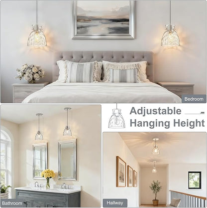 5.9“ Small Brushed Nickel Pendant Lights Kitchen Island, Hammered Glass Pendant Light Fixtures, Adjustable Mini Hanging Lights Kitchen Pendant Lighting over Island Sink Bathroom Dining Room Bedroom