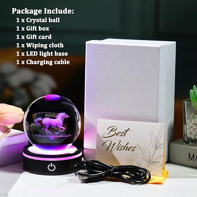 YWHL 3D Crystal Horse Figurine with LED Base, Horse Gifts for Men Women on Christmas Birthday, Glass Sphere Animal Decorative Ball for Home Decor (80mm)