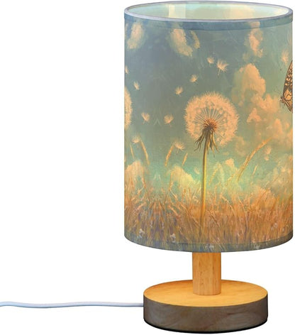 Table Lamp Dandelion Field Butterfly Nature Blue Sky Nightstand Lamp with Wood Base Fabric Lamp Shade Bedside Desk Lamp for Living Room Bedroom Kids Room Office
