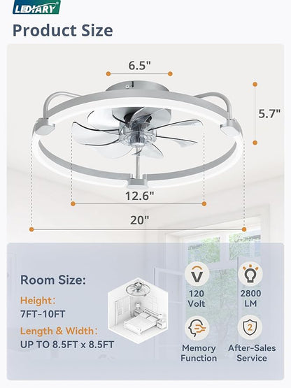 LEDIARY 2 Pack Ceiling Fans with Lights and Remote, 20'' Low Profile Ceiling Fan with Light, 3000-6000K Dimmable Fandelier LED Fan Light, 6 Wind Speeds, Grey Flush Mount Ceiling Fan for Bedroom