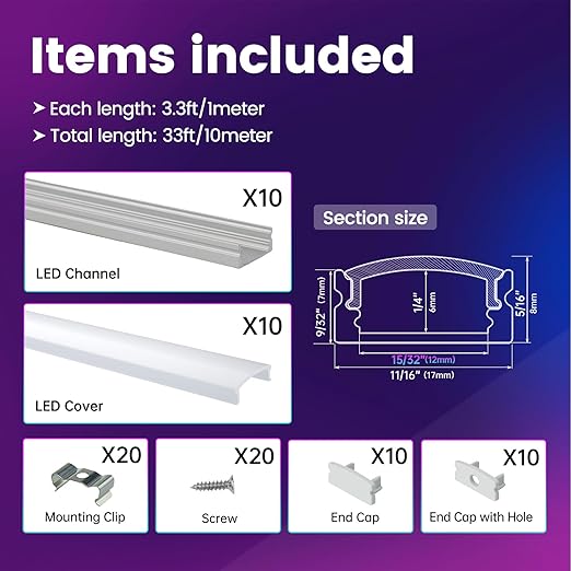 Muzata 10Pack 3.3FT/1M LED Channel Aluminum U Shape Silver LED Strip Diffuser Channel with Milky White Cover Easy Installation U1SW WW 1M