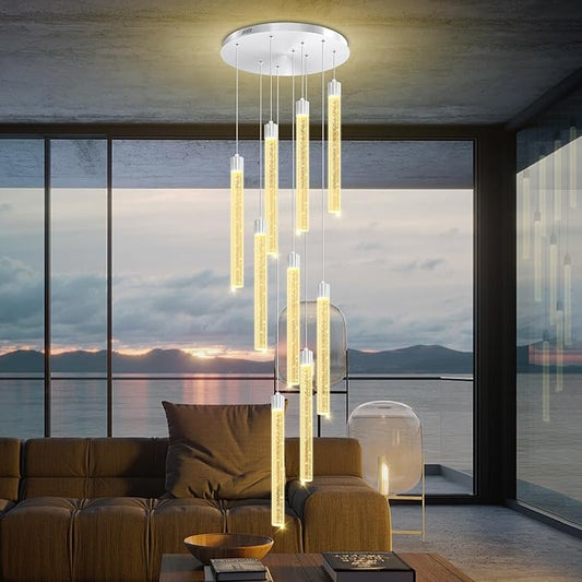 Modern 9-Lights Silver Crystal Column Chandeliers for Entrance Dimmable LED Pendant Lighting Hanging Lights for Dining Room Bedroom Foyer Staircase Living Room